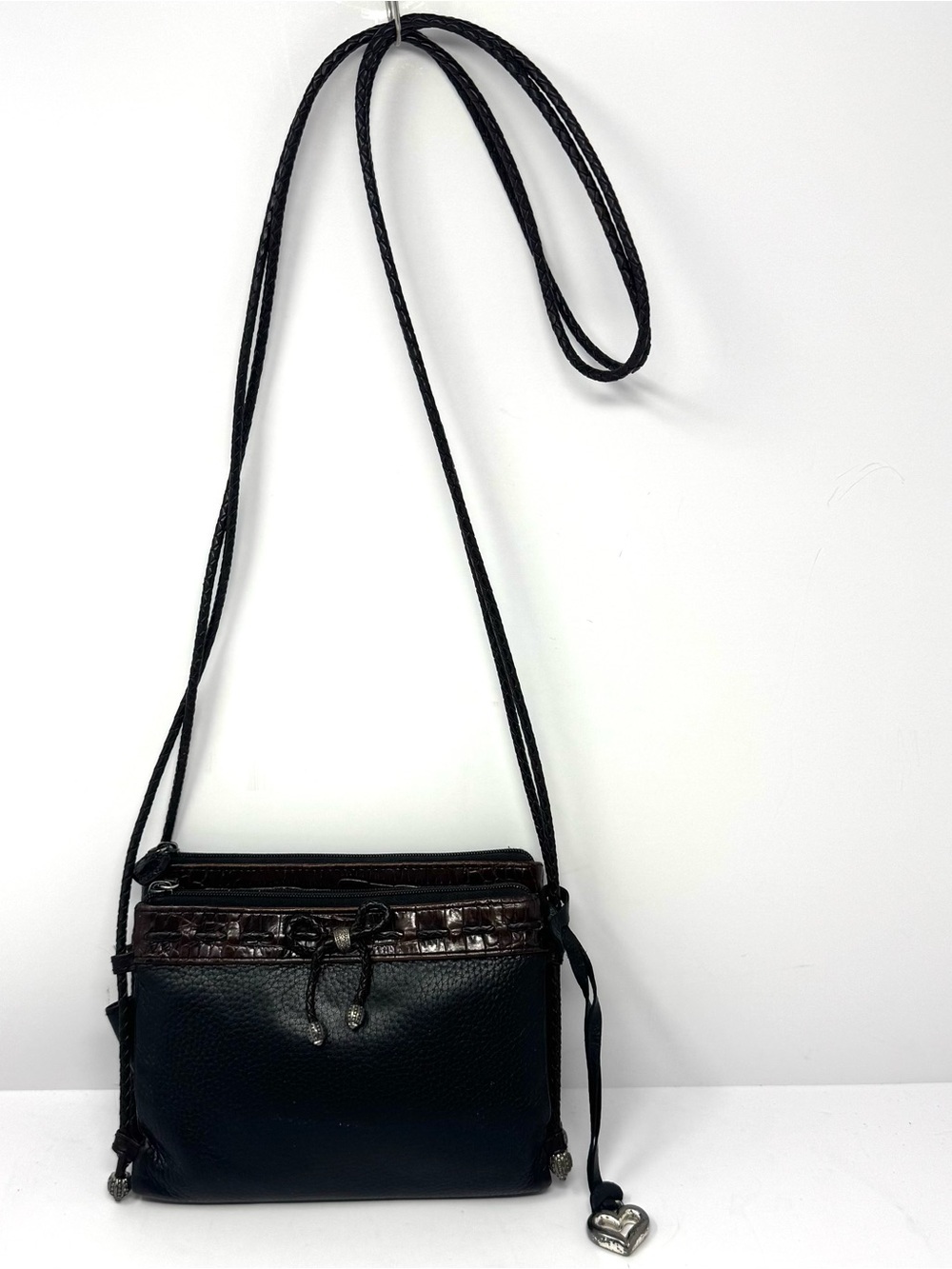 Vintage Brighton Black Brown Leather Crossbody Purse Silver Heart Charm